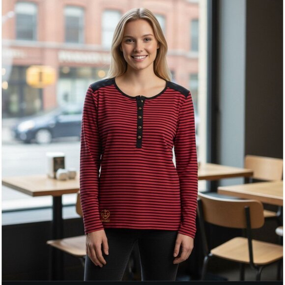 Lauren Ralph Lauren Womens Medium Embroidered Crest Red Striped Long Sleeve Top - Picture 1 of 10